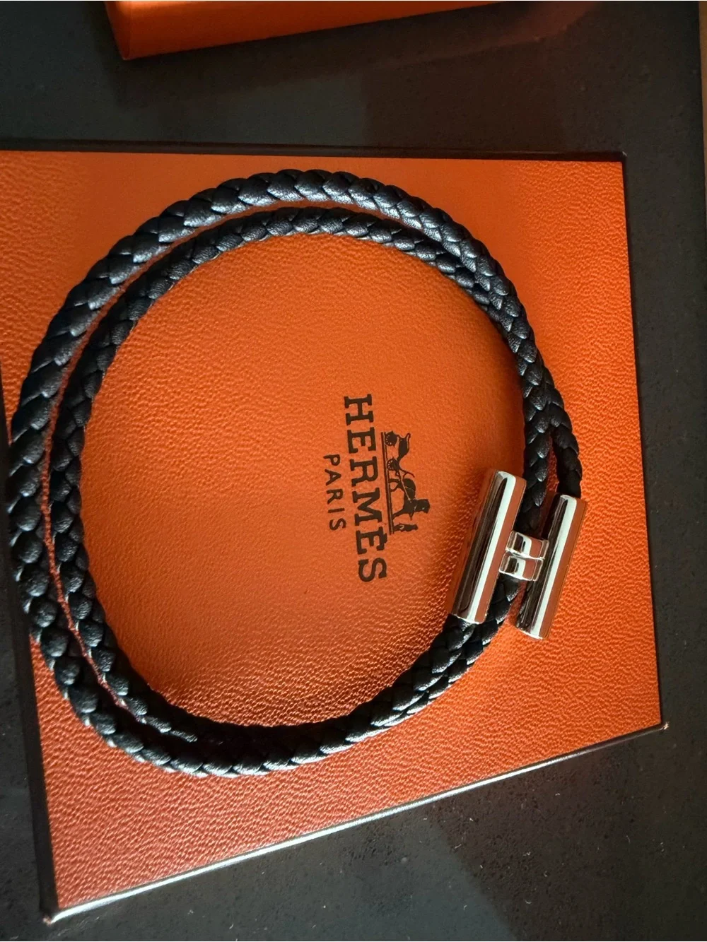 Hermes Black Braided Leather Double Wrap Bracelet with Silver Hardware